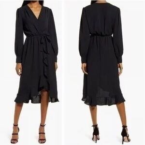 Wrap Midi Dress Fraiche By J Ruffle Long Sleeve Flounce V Neck Black Size Medium